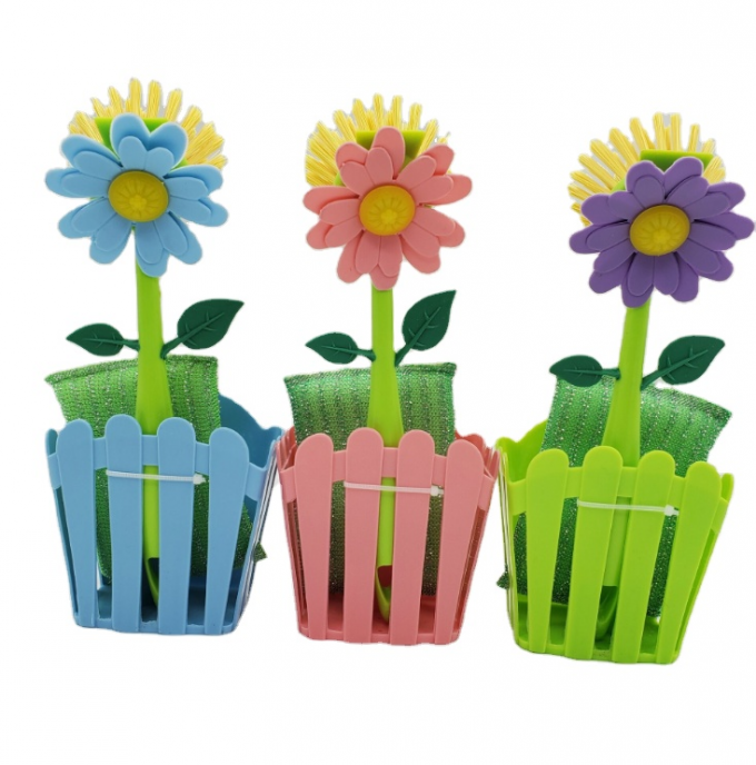 Colorful Flower Dish Brush Plastic Vase With Sponge Pad Sustainable 0