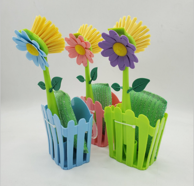 Colorful Flower Dish Brush Plastic Vase With Sponge Pad Sustainable 1