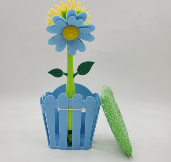 Colorful Flower Dish Brush Plastic Vase With Sponge Pad Sustainable 2