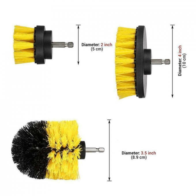 PP Yellow Bristle 3PCS Drill Brush Attachment Set Black Base 0