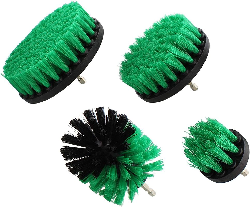 Nylon Scrubber Drill Attachment Cleaning Brush 4pc Set Green Medium Bristle Stiffness - for 1/4in Power Drill