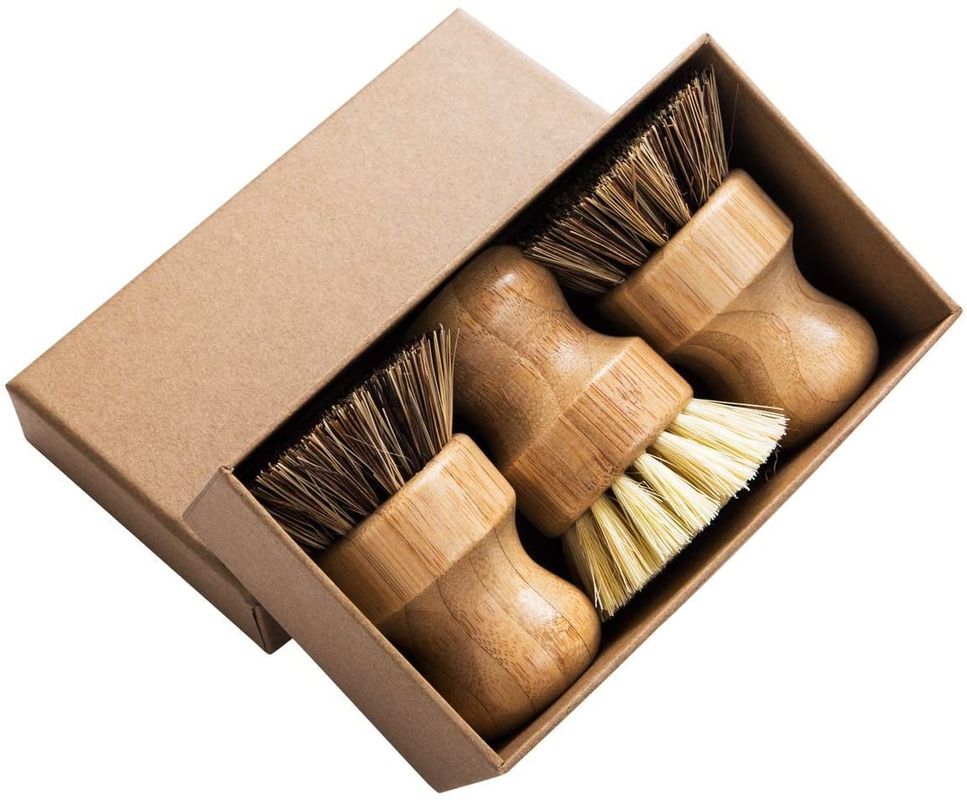 3.15in Round Kitchen Scrub Brush Set 3pcs Bamboo Pot Brush 8cm Air Dry