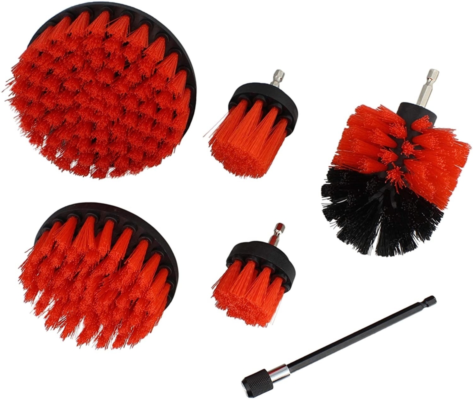 1/4in Drive Nylon Scrubber Brush Set 5pc With 1pc Extension Red Stiff Bristle
