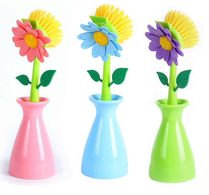 Colorful Flower Dish Brush Plastic Vase With Sponge Pad Sustainable